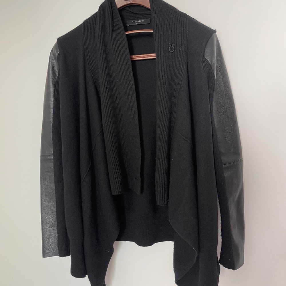 All saints leather sleeve cardigan sweater